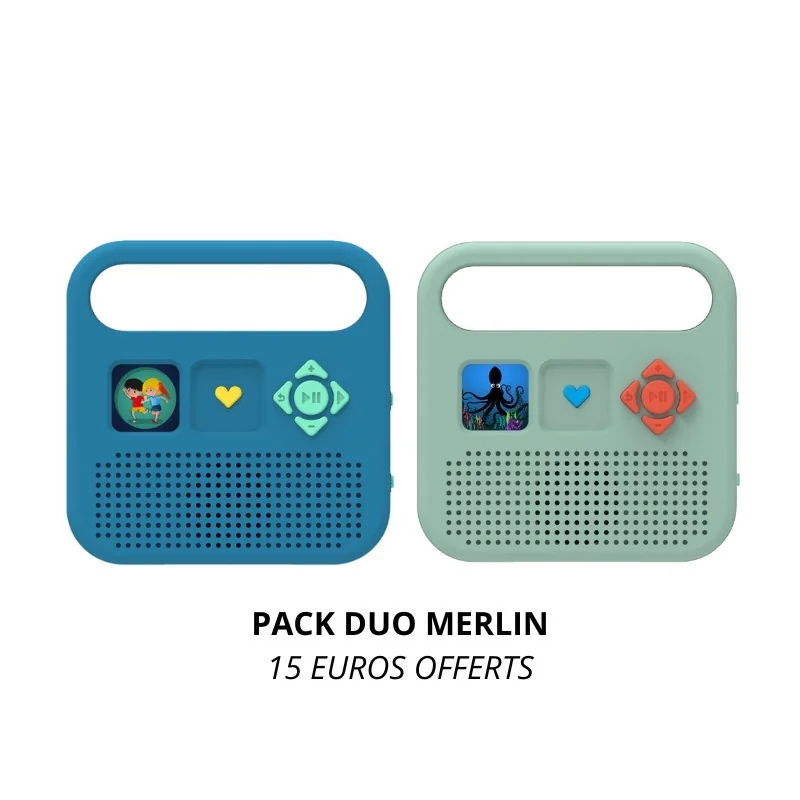 Pack duo enceinte MERLIN deux boites à histoire verte et bleue en promotion