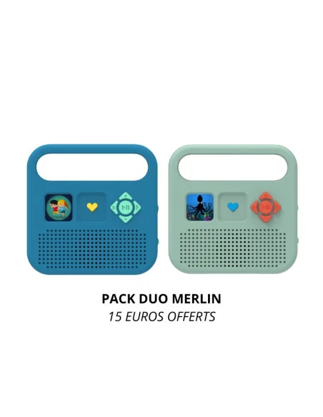 Pack duo enceinte MERLIN deux boites à histoire verte et bleue en promotion